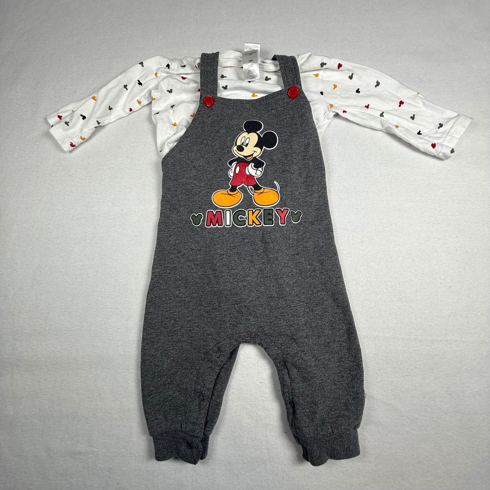 Disney Baby Mickey Mouse‎ Outfit Set Bodysuit & Overalls Gray 18 Months